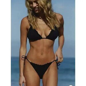 New It's Now Cool The Frill Tie Up Eco Black Rib Bikini Bottoms New Size Large